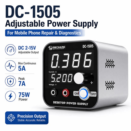 Fuente de alimentación de laboratorio de CC ajustable digital MECHANIC DC‑1505, 2‑15 V, 5 A, 75 W, para reparación de teléfonos móviles y herramientas de inspección