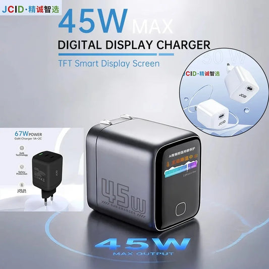 Cargador GaN JCID de 30/45/67 W para carga rápida de teléfonos y tabletas, compatibilidad multidispositivo, apagado automático, accesorios de carga