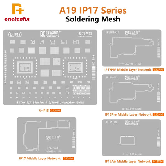Plantilla de reballing BGA de capa intermedia AMAOE para la serie iPhone 17 y A19/A19 Pro (0,12 mm)