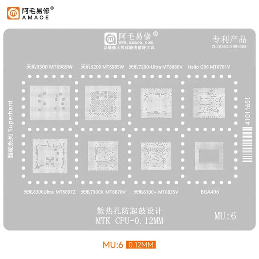 Plantilla de reballing BGA de 0,12 mm AMAOE MU6 para CPU MediaTek