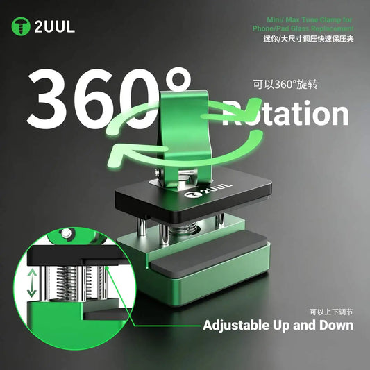 2UUL TC01/TC02 Pinza de ajuste giratoria Soporte de sujeción ajustable de 360 grados para reparación y reemplazo del cristal frontal de teléfono e iPad