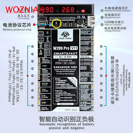 Placa de activación de batería OSS W209 Pro V11 para series iPhone 11-17, Apple Watch S1-S8 y teléfonos Android, carga rápida de batería
