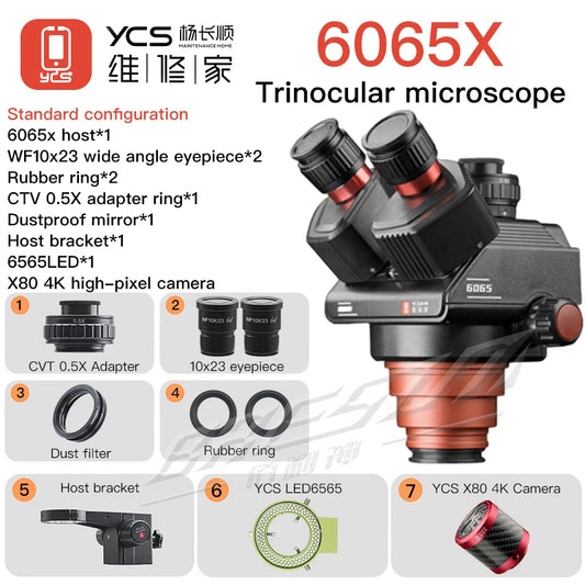 Microscopio trinocular YCS, aumento de 0,6X a 6,5X, zoom continuo, 6065X, lente individual, sin base, iluminación LED, cámara HD 4K