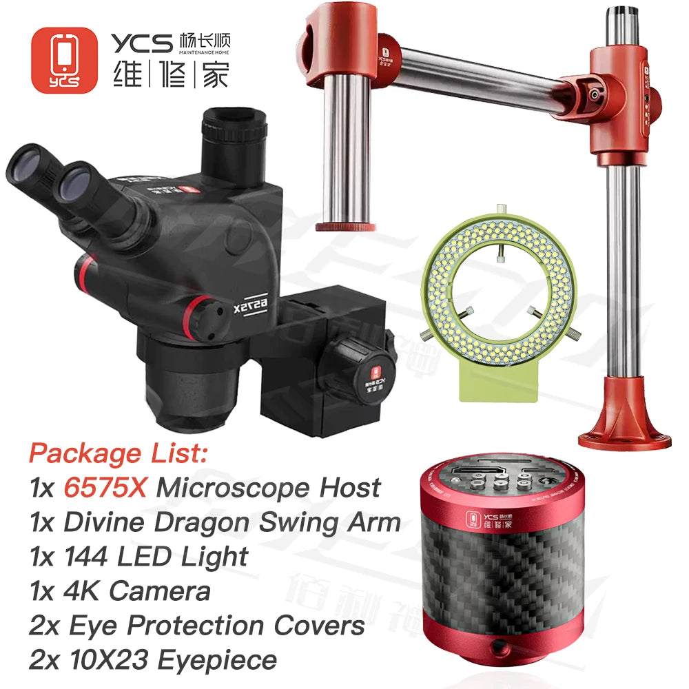 YCS Red Shenlong Arm 6558X 6558S 6575X 7050X Trinocular Microscope Set For Mobile Phone Repair Maintenance Circuit Board Special