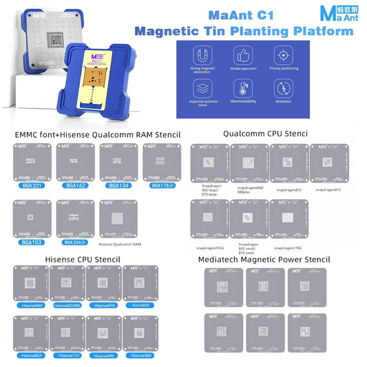 MAant C1 Plataforma de plantillado magnética de estaño para iPhone A8-A19 Placa base QUALCOMM HS EMMC CPU BGA Herramientas de soldadura y reballing con plantilla
