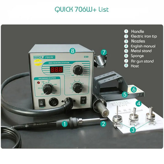 QUICK 8786D+/706W+ Rework Station Hot Air Gun Soldering Iron Brushless Fan Auto Sleep Password Lock Phone BGA PCB Repair