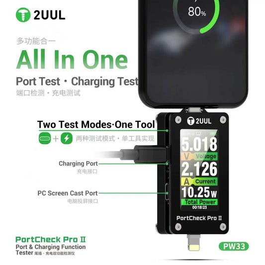 2UUL PW33 PortCheck Pro II: comprobador todo en uno de puertos y funciones de carga para el diagnóstico y la reparación de dispositivos móviles con conectores USB-C y Lightning