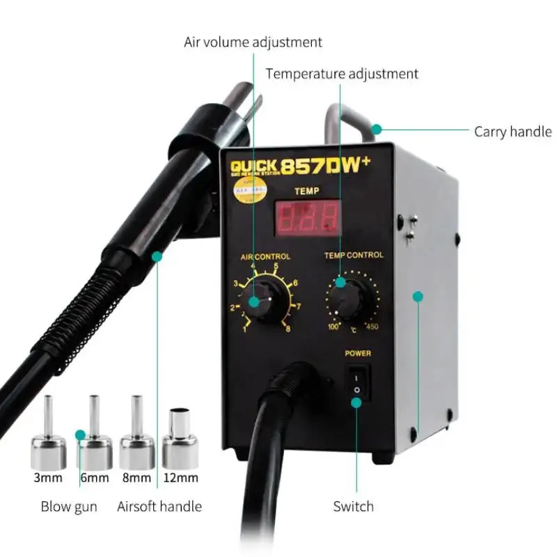 QUICK 857DW+ Adjustable Hot Air Gun 580W Welding Tools Portable Digital Display SMD Rework Solder Station With Nozzles & Heater