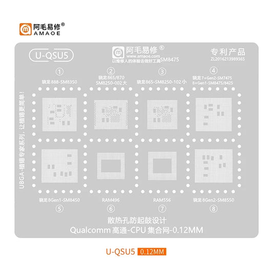 Plantilla de reballing BGA para CPU Snapdragon AMAOE U-QSD y U-QSU (0,12 mm)