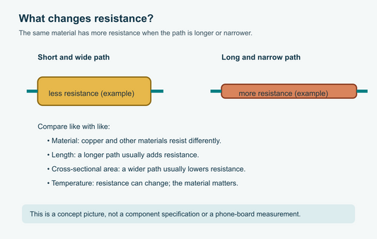 Resistance comparison diagram showing a short wide conductor, a long narrow conductor and different materials, with the factors labeled clearly
