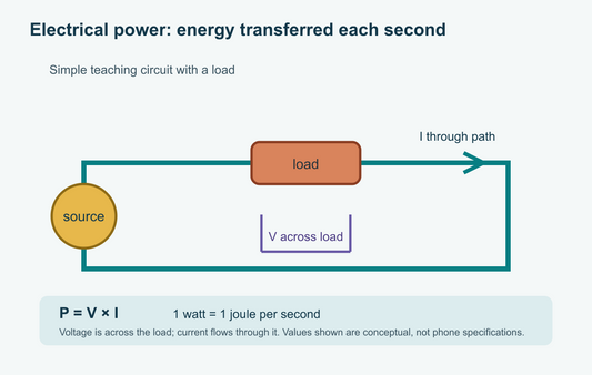 Electrical power diagram showing voltage across a load and current through it, with power measured in watts as energy transferred per second