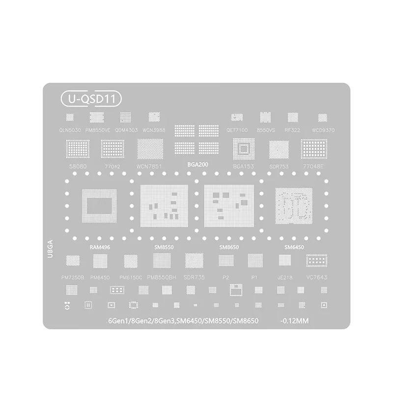 U-QSD11 stencil with separate labeled SM8550, SM8650 and SM6450 patterns