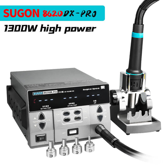 Estación de retrabajo de aire caliente SUGON 8620DX PRO de 1300 W con control de temperatura por microcomputadora, estación de retrabajo BGA con boquilla curva para soldadura y reparación
