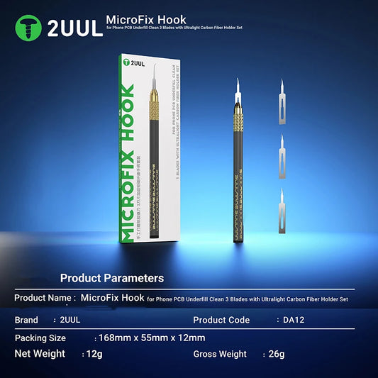 2UUL DA12 Gancho MicroFix para limpieza de bajo nivel de PCB de teléfono, 3 cuchillas con juego de soporte de fibra de carbono ultraligera, cuchilla de palanca para eliminación de pegamento