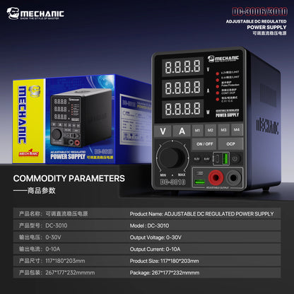 Fuente de alimentación regulada de CC ajustable MECHANIC DC-3006/3010 0-30V 6A/10A USB 5V 2A Pantalla digital para reparación de teléfonos móviles, PCB e IC