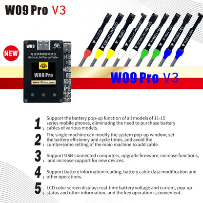 OSS W09 Pro V3 Battery Efficiency Pop up Tester Mobile Phone 11-15 PM No Need External Cable Battery Data Modify Tool