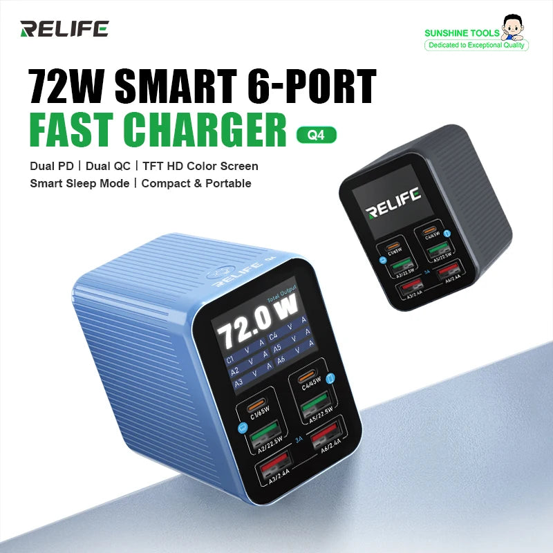 RELIFE Q4 6-Port Desktop Fast 72W Charger Dual PD+Dual QC,TFT HD Color Screen,Smart Sleep Mode,Compact & Portable