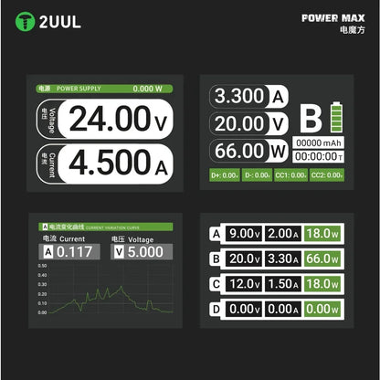 2UUL PC01 POWER MAX 200W Multi-Port Charger Adjustable Voltage Power Supply 0-24V Wireless Charging for Phone Repair Station