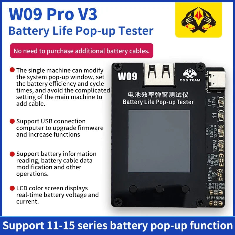 OSS W09 Pro V3 Battery Efficiency Pop up Tester Mobile Phone 11-15 PM No Need External Cable Battery Data Modify Tool