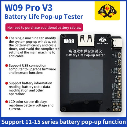 OSS W09 Pro V3 Battery Efficiency Pop up Tester Mobile Phone 11-15 PM No Need External Cable Battery Data Modify Tool