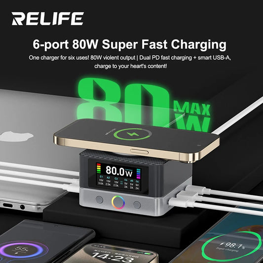 Cargador RELIFE Q7 de 80 W y 6 puertos con pantalla a color y distribución de potencia