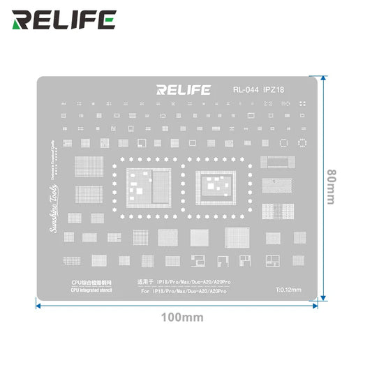 Plantilla de estencil para reballing de CPU RELIFE RL‑044 IPZ18, grosor de 0,12 mm, acero prémium, herramienta de reparación para teléfonos de la serie IP18