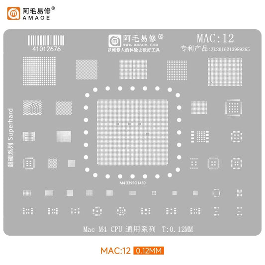 Plantilla de reballing BGA AMAOE para MacBook con Apple Silicon M3/M4/M5 y MAC 1-9 (0,12 mm)