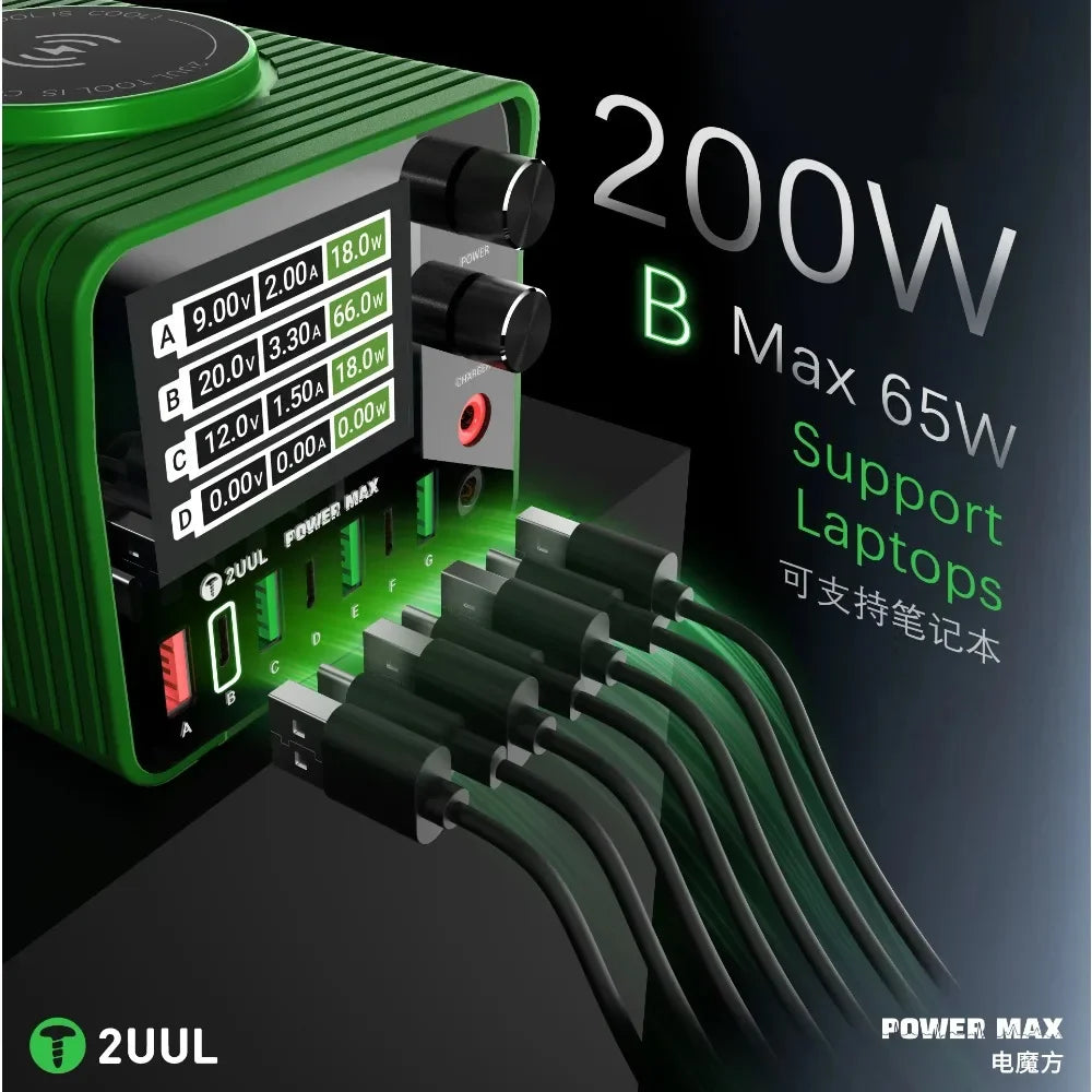 2UUL PC01 POWER MAX 200W Multi-Port Charger Adjustable Voltage Power Supply 0-24V Wireless Charging for Phone Repair Station