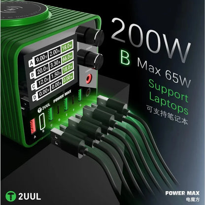 2UUL PC01 POWER MAX 200W Multi-Port Charger Adjustable Voltage Power Supply 0-24V Wireless Charging for Phone Repair Station