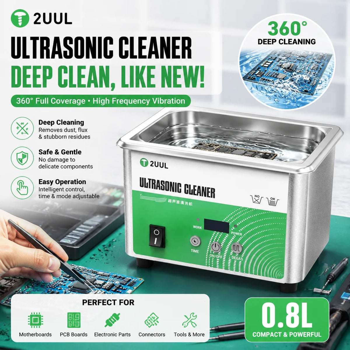 2UUL SS01 0.8L Ultrasonic Cleaner 40KHz Digital Timing Degas Function For Phone Mainboard IC Cleaning Machine Tools