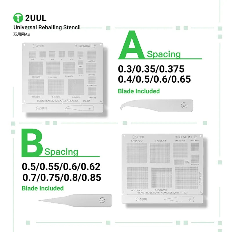 2UUL BG02 2Pcs/Pack Universal Reballing Stencil AB Steel Mesh Solder Template for BGA Chip Repair Phone Motherboard Solder