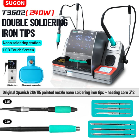 Estación de soldadura SUGON T3602 de 240 W con doble mango, kit de soldador nano para electrónica, reparación de teléfonos e IC, herramientas de soldadura de alta precisión