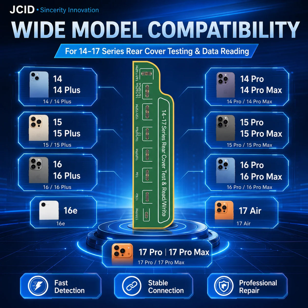 JCID 14-17 Rear Cover Test Read Write Board Data Repair Tool for iPhone 14 15 16 17 V1S Pro V1S Plus V1SE Programmer Flex Cables