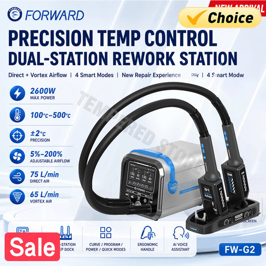 Estación de retrabajo de aire caliente de doble estación FORWARD FW-G2 de 2600 W, 100-500 °C, aire de ciclón directo, herramientas de soldadura para BGA, PCB y reparación de teléfonos