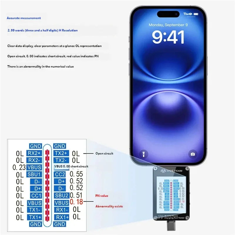 OSS TEAM T9 Intelligent Tail Plug Tester Mobile Phone Detection Automatic Lock Fault Point Mobile Phone Charging Port Tester