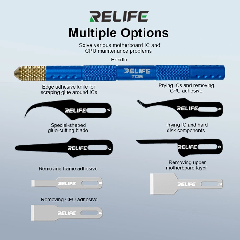 RELIFE TK5 8-in-1 Multi-Function Blade Set for Mobile Phone Repair Motherboard PCB IC CPU Adhesive Removal Pry Tool Cutting Tool