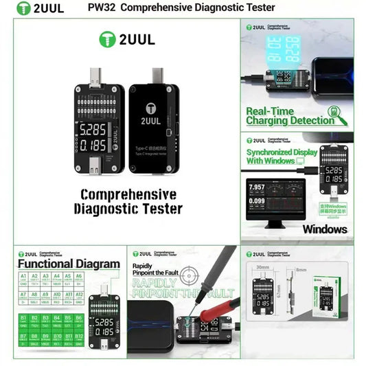 Probador integrado USB-C 2UUL PW32, detección de voltaje y corriente en tiempo real, análisis del diagrama funcional de 24 pines, para cargadores y cables