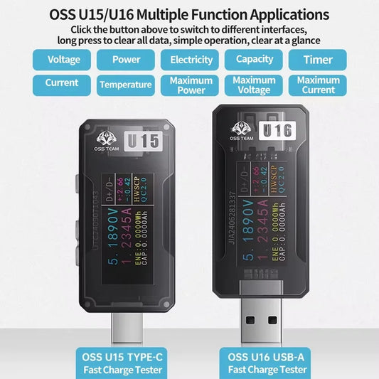 Probador de carga rápida OSS U15/U16 Tipo-C/USB-A 600W 12A 50V para reparación de teléfonos móviles Herramienta de prueba de inspección de corriente voltaje potencia
