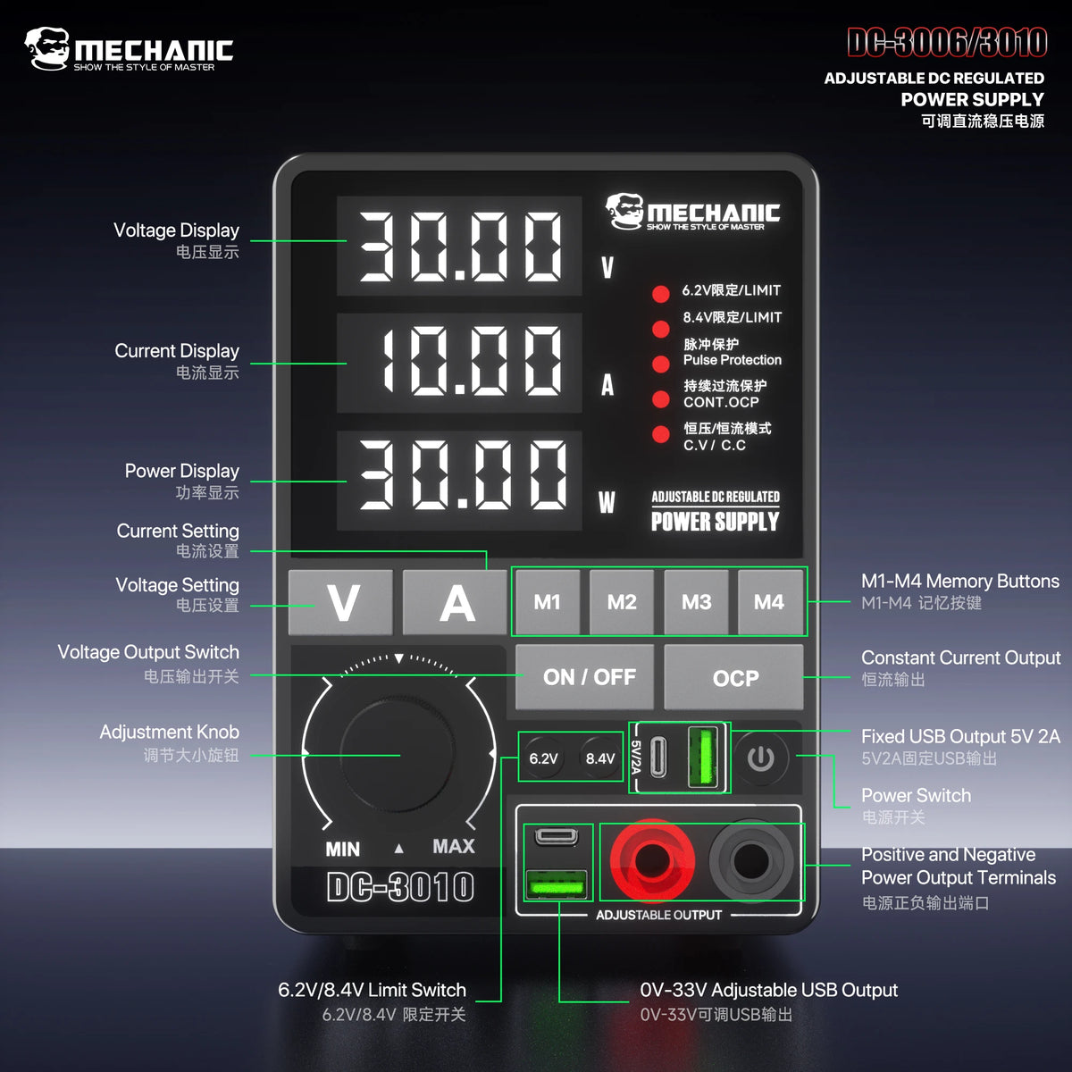 Fuente de alimentación regulada de CC ajustable MECHANIC DC-3006/3010 0-30V 6A/10A USB 5V 2A Pantalla digital para reparación de teléfonos móviles, PCB e IC
