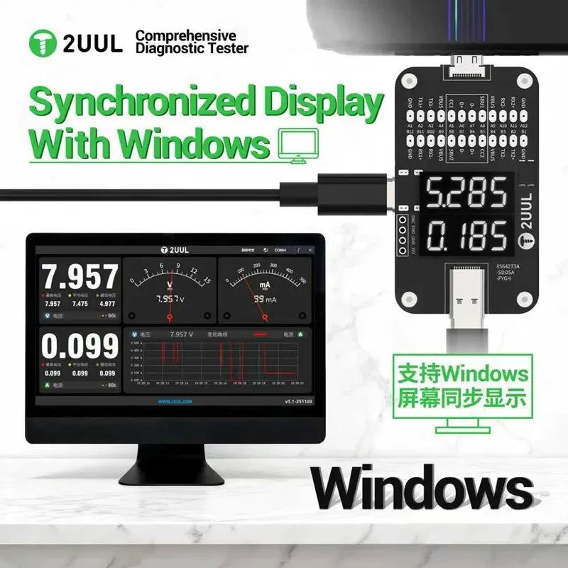 2UUL PW32 Comprehensive Tester Real-time Charging Detection of Type-C Port for Rapid Fault Location Tail Plug Detection Tool
