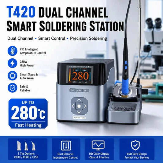 AIXUN T420 Dual-Channel Soldering Station for T225 Handle and C030/C080/C150 Tips