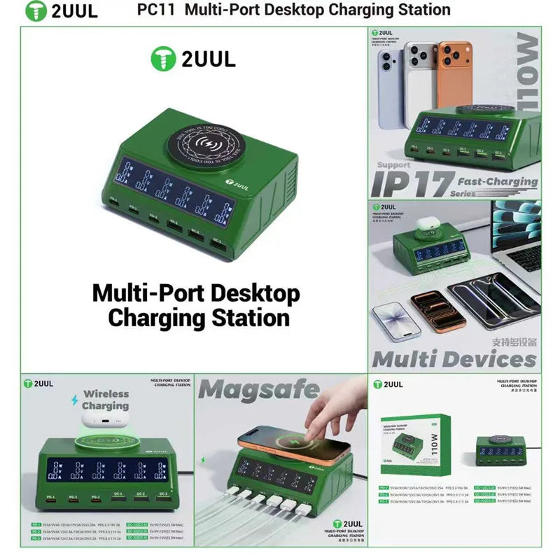 2UUL PC11 110W Desktop Multi-Port Charger with Magnetic Wireless Fast Charging for IP17 Series & Multi-Device Repair Tools