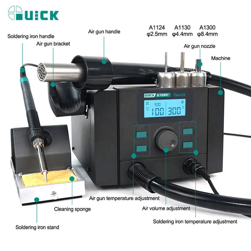 Estación de soldadura y retrabajo QUICK 8786D+/706W+, pistola de aire caliente, cautín, ventilador sin escobillas, suspensión automática, bloqueo por contraseña, reparación de teléfonos, BGA y PCB.
