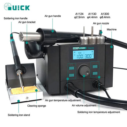 Estación de soldadura y retrabajo QUICK 8786D+/706W+, pistola de aire caliente, cautín, ventilador sin escobillas, suspensión automática, bloqueo por contraseña, reparación de teléfonos, BGA y PCB.