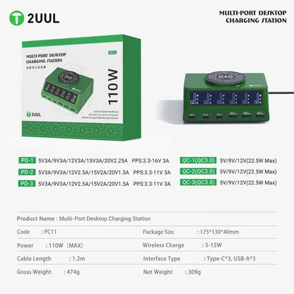 2UUL PC11 110W Desktop Multi-Port Charger with Magnetic Wireless Fast Charging for IP17 Series & Multi-Device Repair Tools