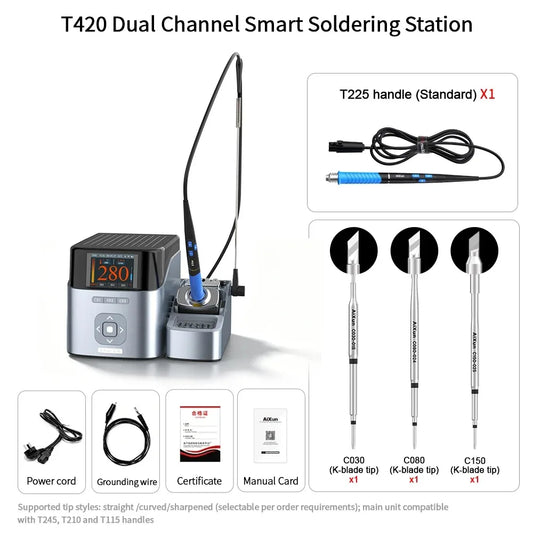 AIXUN T420 Dual-Channel Soldering Station for T225 Handle and C030/C080/C150 Tips