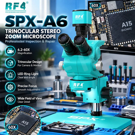 RF4 SPX-A6 6.2-60X Trinocular Stereo Microscope