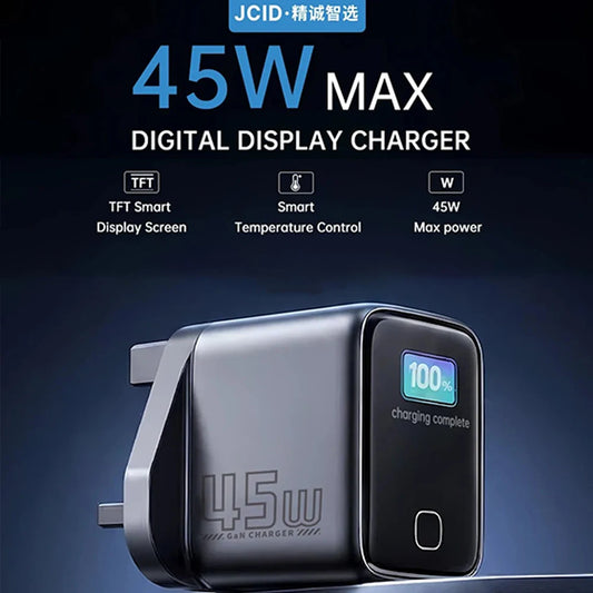Cargador GaN JCID de 30/45/67 W para carga rápida de teléfonos y tabletas, compatibilidad multidispositivo, apagado automático, accesorios de carga