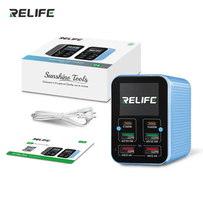 RELIFE Q4 6-Port Desktop Fast 72W Charger Dual PD+Dual QC,TFT HD Color Screen,Smart Sleep Mode,Compact & Portable