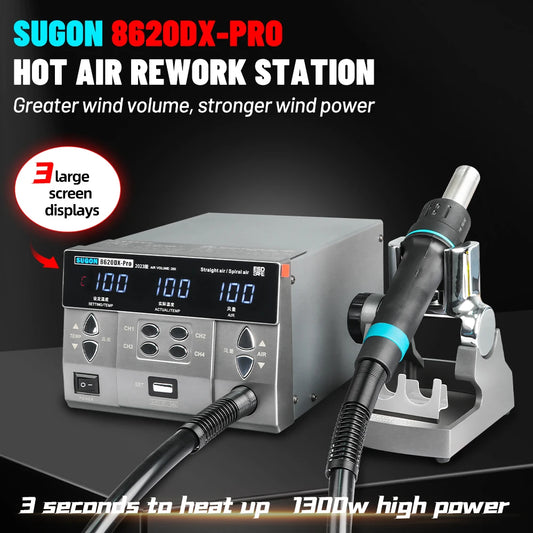 Estación de retrabajo de aire caliente SUGON 8620DX PRO de 1300 W con control de temperatura por microcomputadora, estación de retrabajo BGA con boquilla curva para soldadura y reparación
